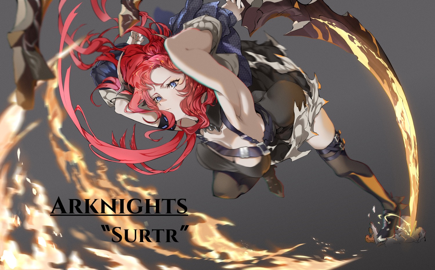 arknights cleavage garter heels no_bra skirt_lift surtr_(arknights) sword thighhighs zinz