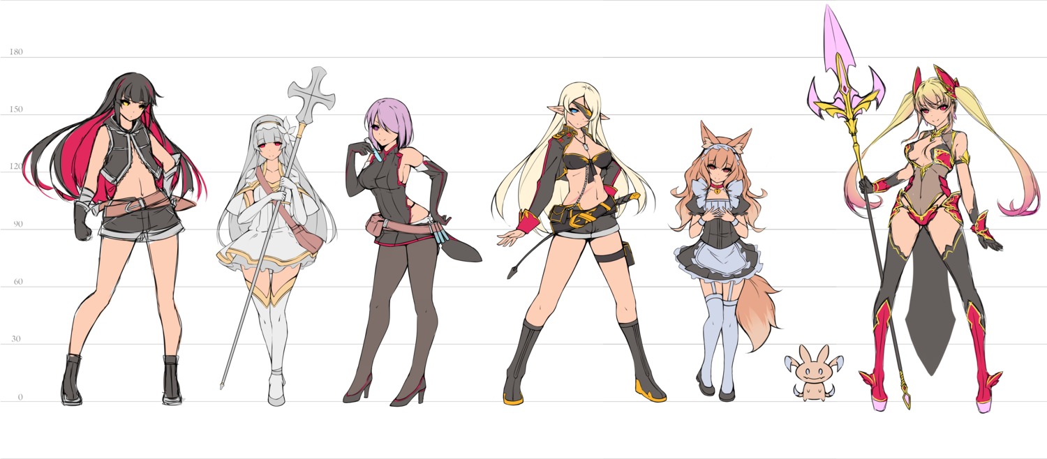 animal_ears character_design cleavage dean dress eyepatch heels kitsune leotard maid no_bra pantyhose pointy_ears stockings tail thighhighs weapon