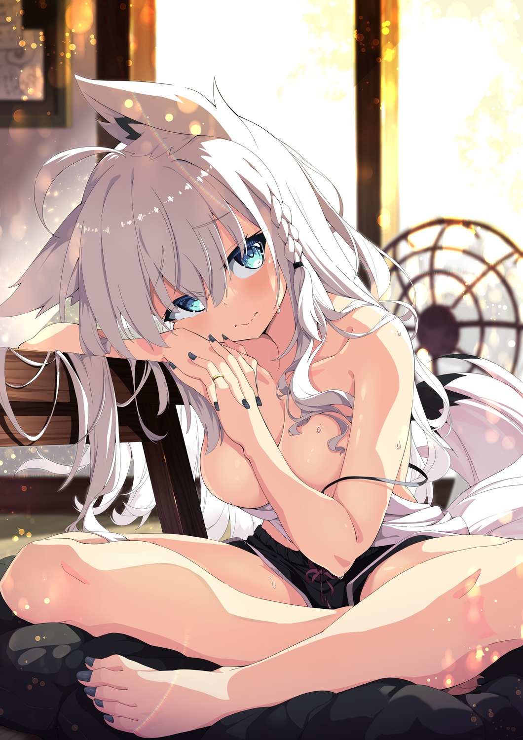 animal_ears hololive hololive_gamers jie_laite kitsune no_bra shirakami_fubuki tail wardrobe_malfunction