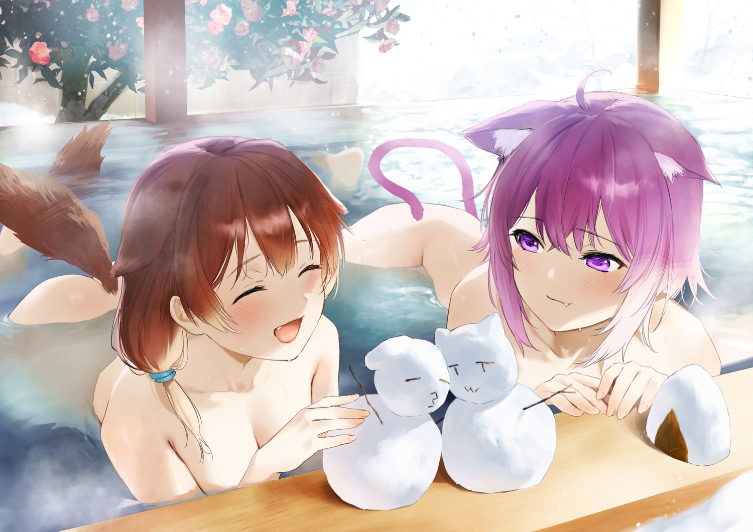 animal_ears bathing hololive hololive_gamers inugami_korone inumimi naked nekomata_okayu nekomimi onsen tail umakuchi_shouyu wet