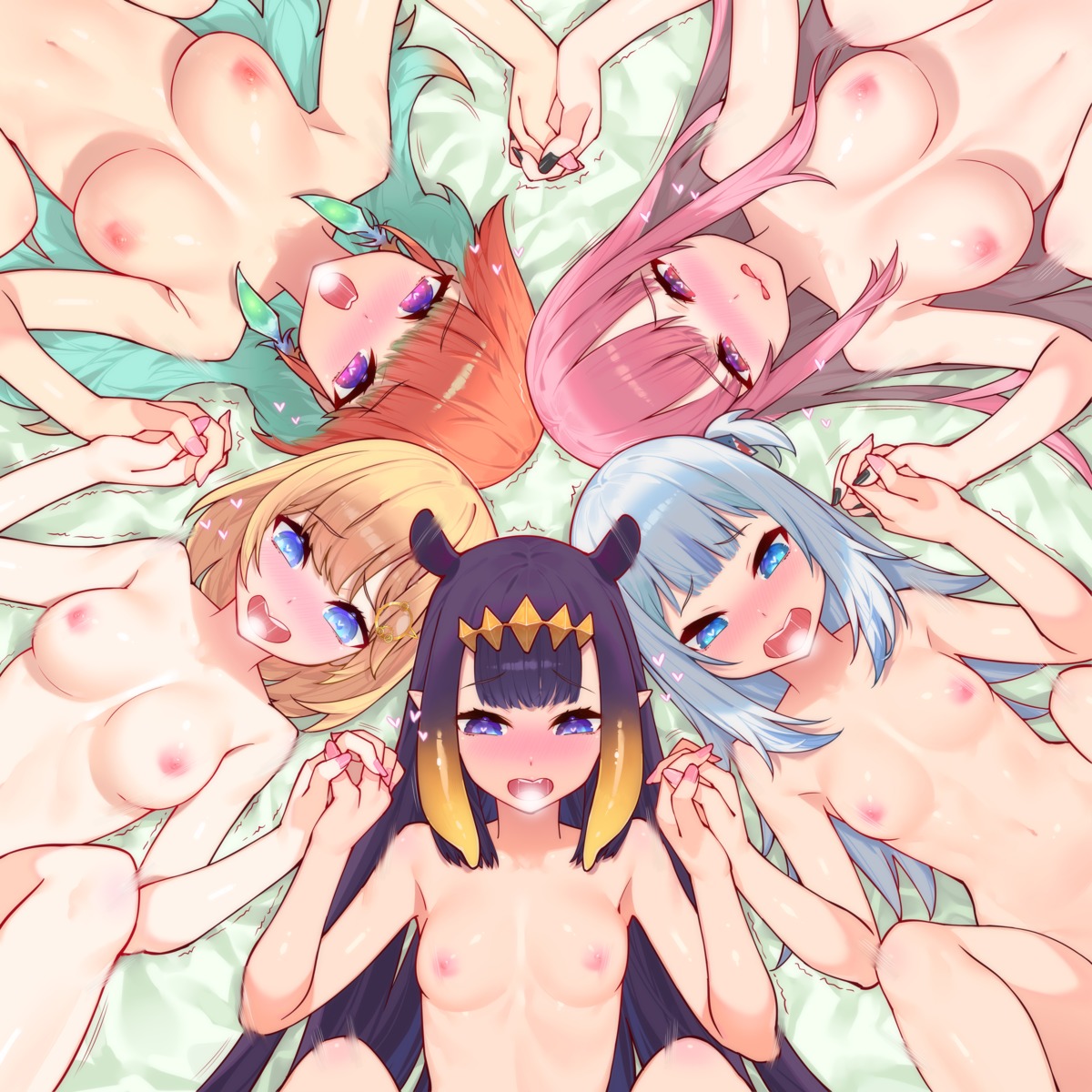 gawr_gura hololive hololive_english loli mori_calliope nipples pointy_ears topless waterring watson_amelia