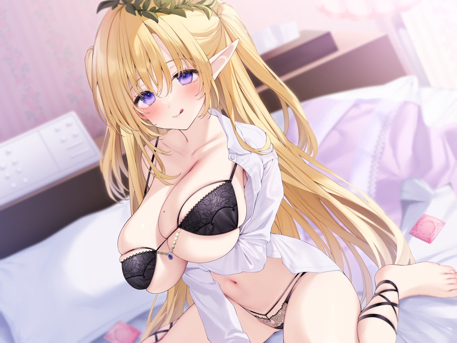 bra breast_hold dress_shirt elf jiiwara open_shirt pantsu pointy_ears studio_refrevo