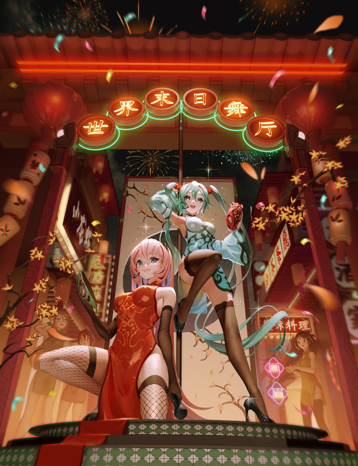 chinadress fishnets hatsune_miku heels megurine_luka mio-muo1206 skirt_lift thighhighs vocaloid