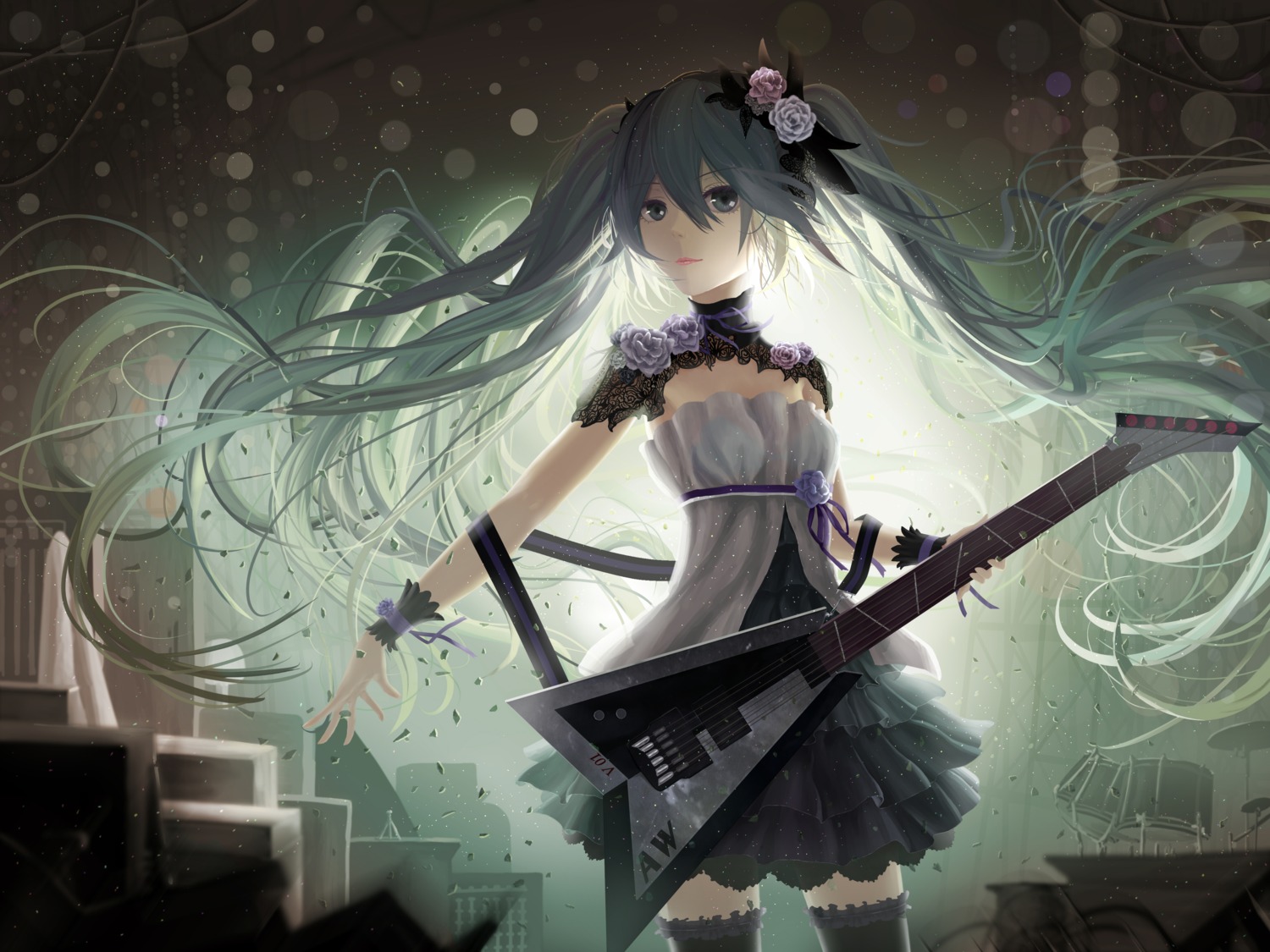 guitar hatsune_miku thighhighs vocaloid