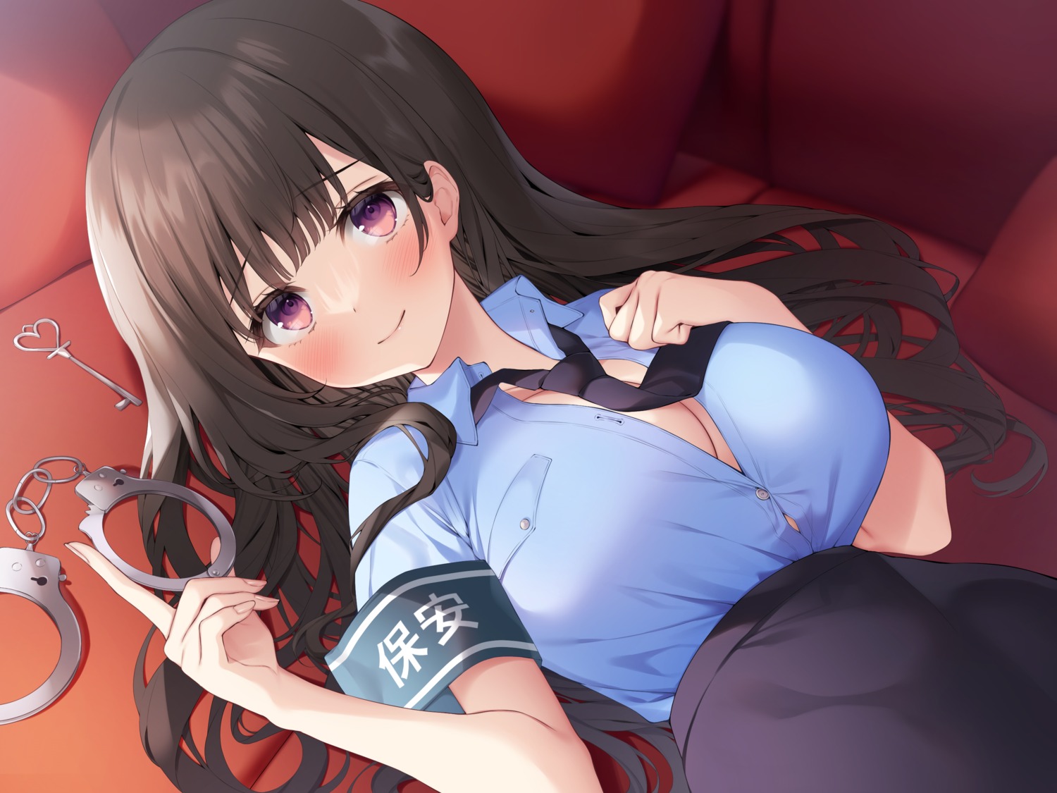 cleavage jiiwara no_bra open_shirt police_uniform uniform