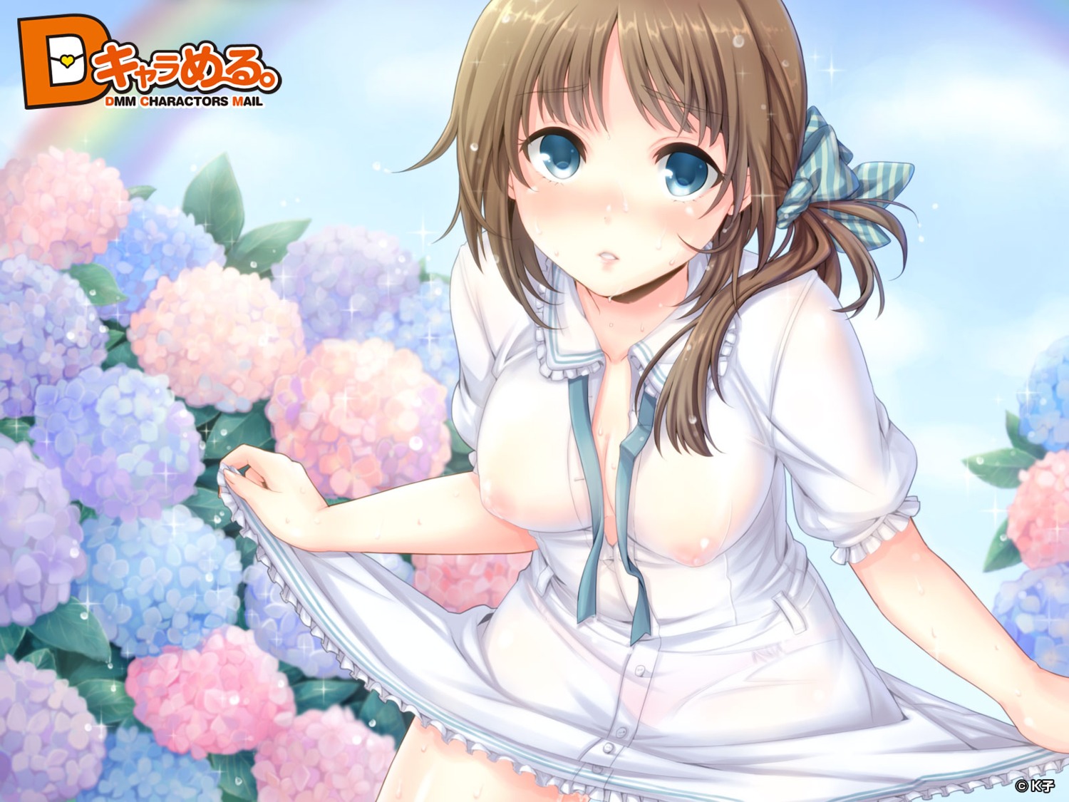 cleavage dmm dress k-ko nipples no_bra see_through summer_dress wallpaper wet_clothes