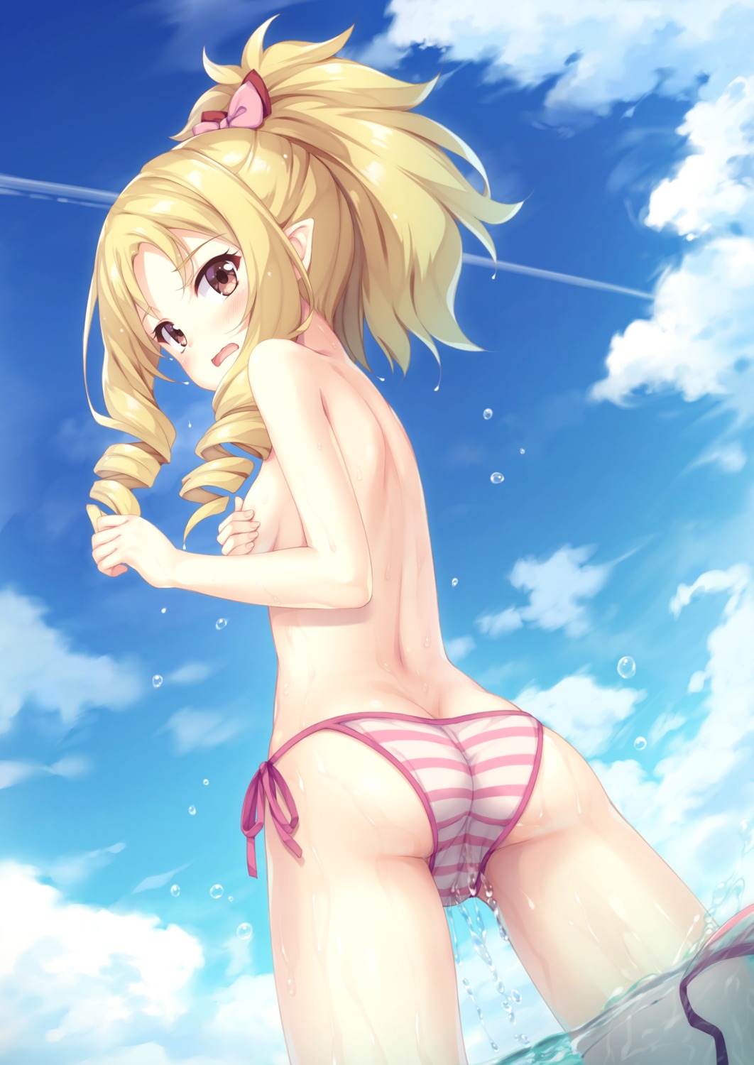 ass bikini breast_hold cameltoe eromanga-sensei loli pointy_ears swimsuits tomifumi topless wardrobe_malfunction wet yamada_elf