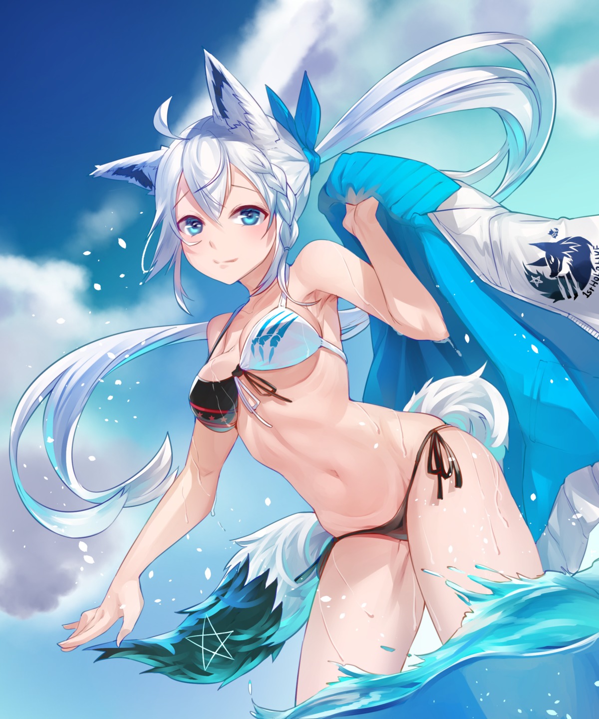 animal_ears arpeggio_kaga bikini hololive hololive_gamers shirakami_fubuki swimsuits tail wet