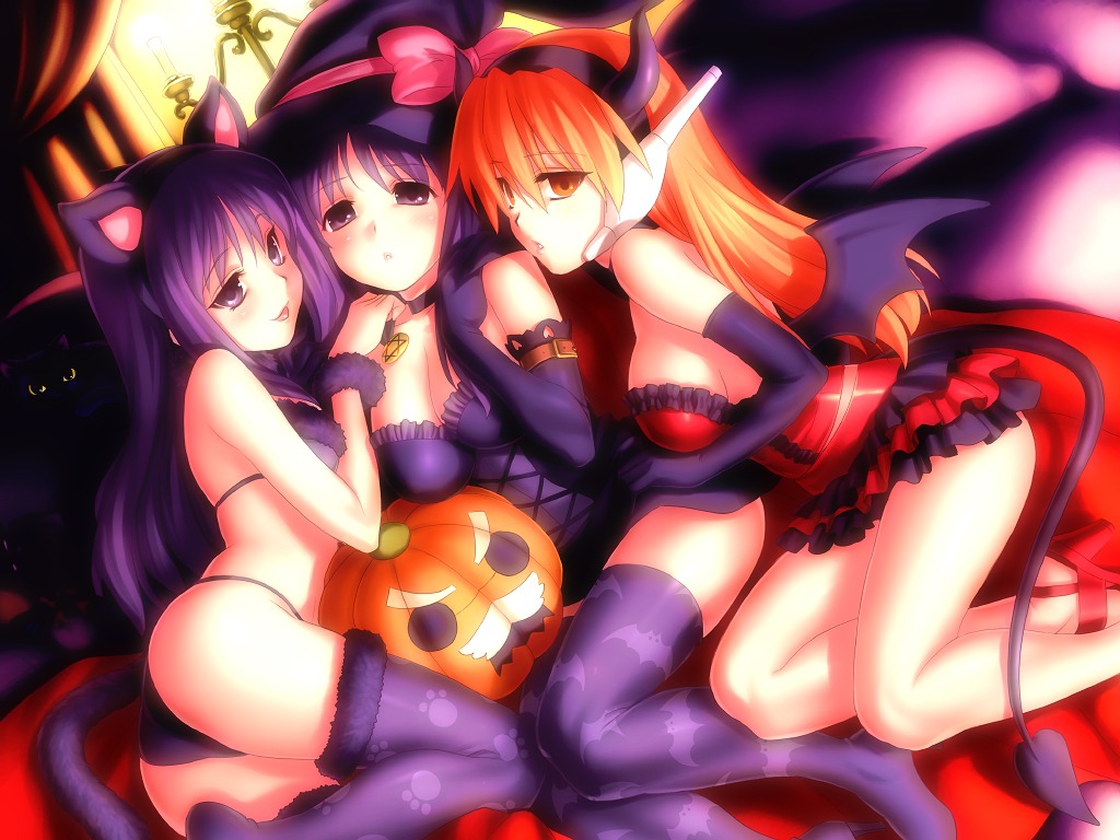 animal_ears ass bra cleavage devil halloween horns kurusugawa_ayaka kurusugawa_serika lingerie neko nekomimi pantsu serio tail thighhighs to_heart to_heart_(series) wallpaper wings witch yuri zen