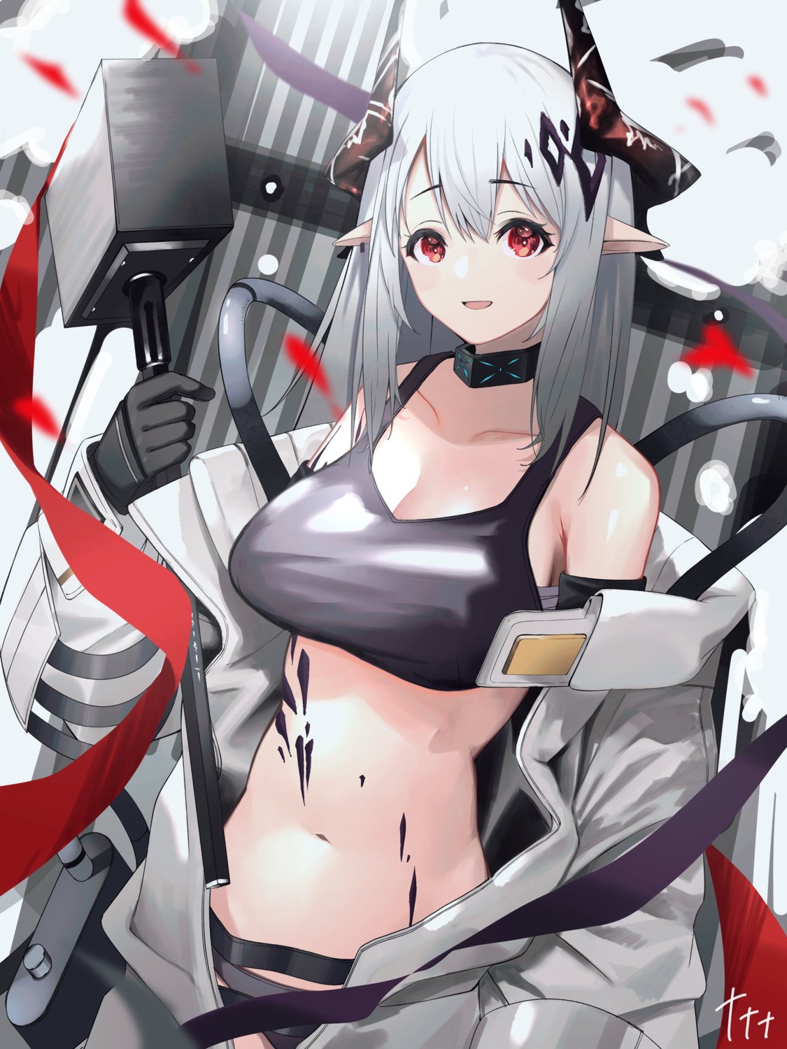 7se_777 arknights horns mudrock_(arknights) open_shirt pantsu pointy_ears sarashi weapon