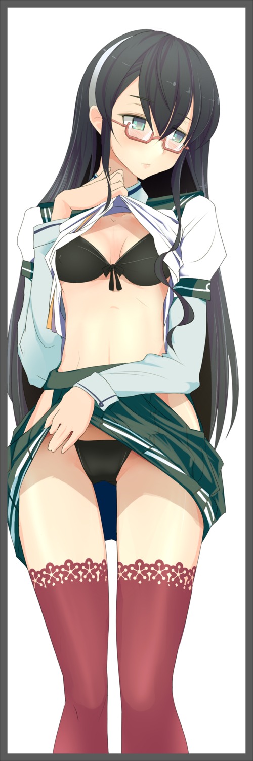 bra cleavage ishikkoro kantai_collection megane ooyodo_(kancolle) pantsu seifuku shirt_lift skirt_lift thighhighs