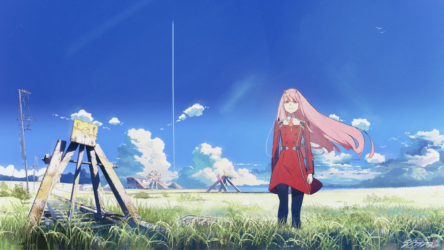 crossover darling_in_the_franxx horns kumo_no_mukou_yakusoku_no_basho landscape mecha pantyhose shinkai_makoto strelizia wallpaper zero_two_(darling_in_the_franxx)