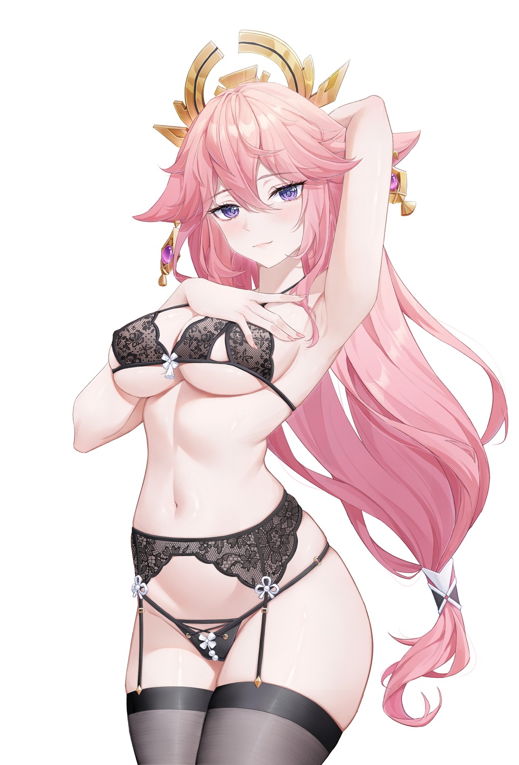 animal_ears bra garter_belt genshin_impact kitsune lingerie pantsu stockings thighhighs tujiu_sama yae_miko