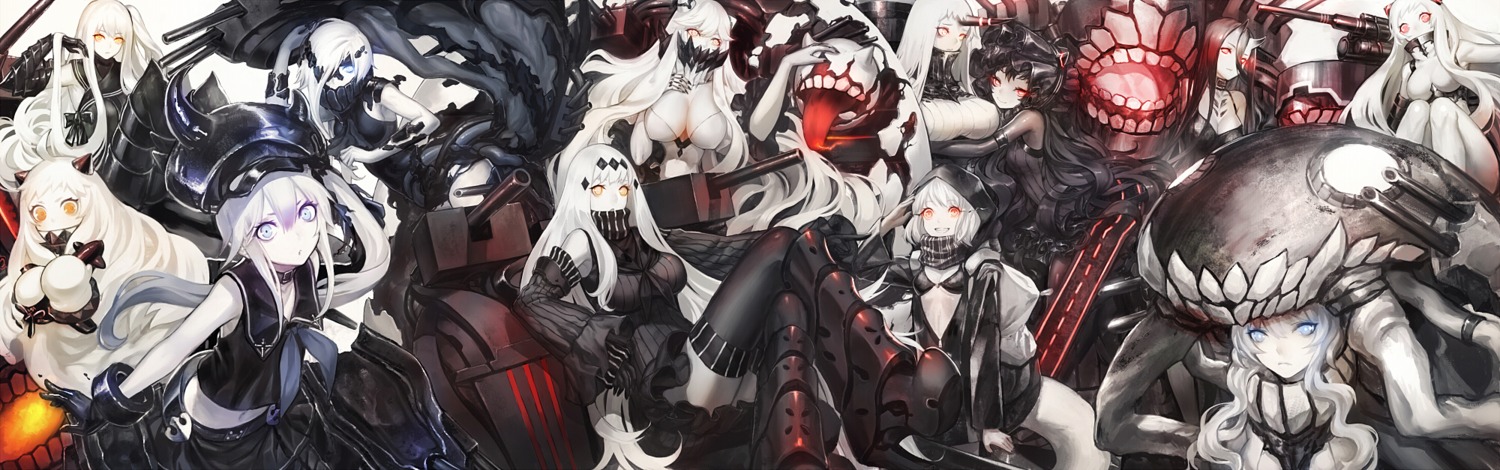 aircraft_carrier_oni aircraft_carrier_water_oni airfield_hime battleship-symbiotic_hime bikini_top cleavage destroyer_hime dress heels horns infukun isolated_island_oni kantai_collection midway_hime ne-class_heavy_cruiser northern_ocean_hime re-class_battleship seaport_hime seifuku swimsuits thighhighs wo-class_aircraft_carrier