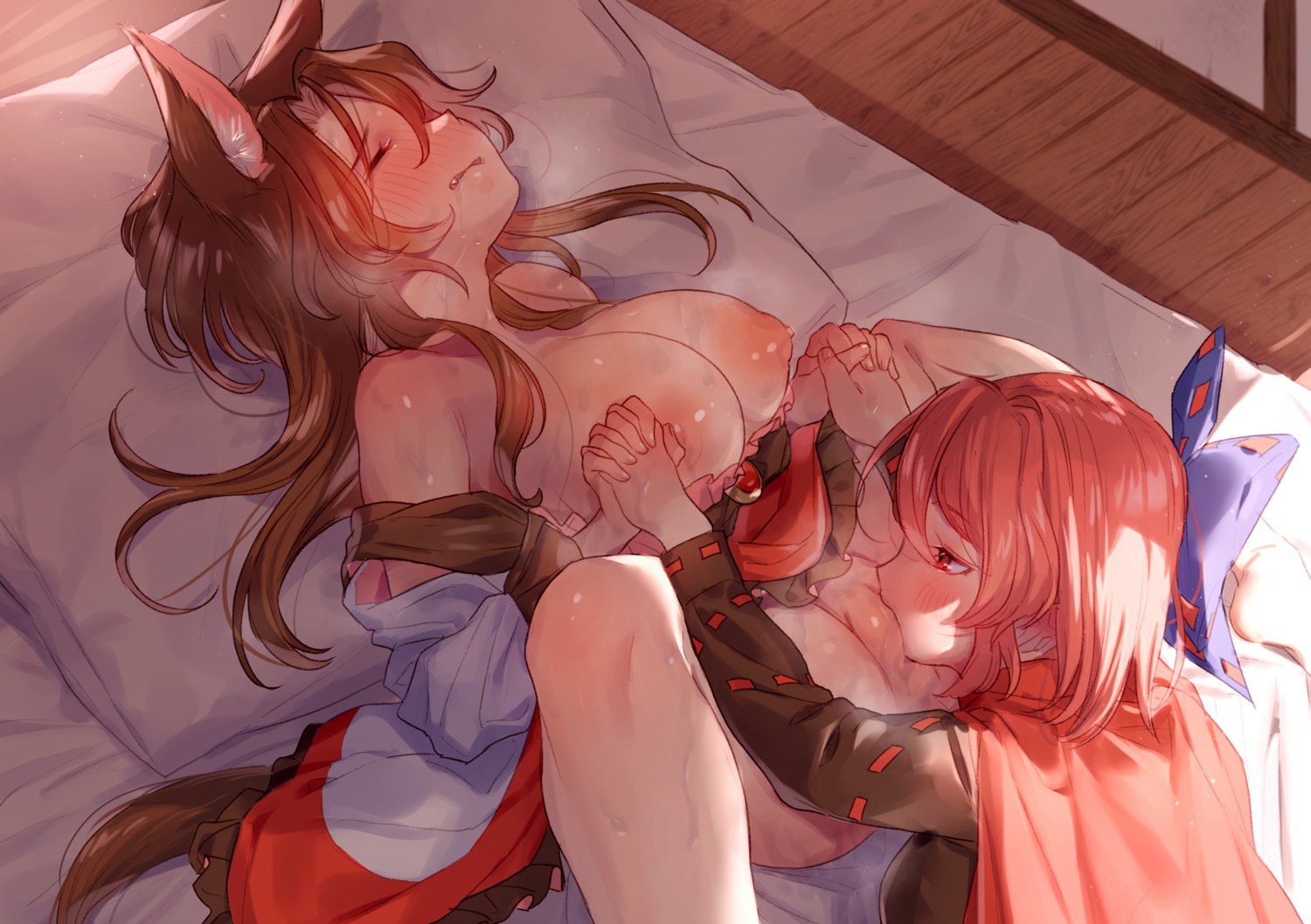 animal_ears breasts cunnilingus imaizumi_kagerou masanaga_(tsukasa) nipples no_bra nopan open_shirt pussy sekibanki skirt_lift tail touhou uncensored yuri