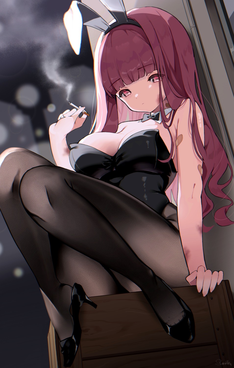 animal_ears bunny_ears bunny_girl heels koyubita_beru no_bra pantyhose smoking