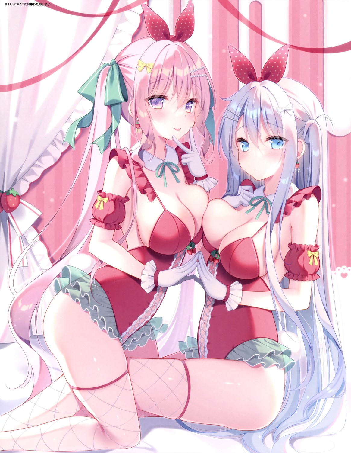 animal_ears bunny_ears bunny_girl fishnets no_bra see_through symmetrical_docking tail thighhighs watagashi_yui