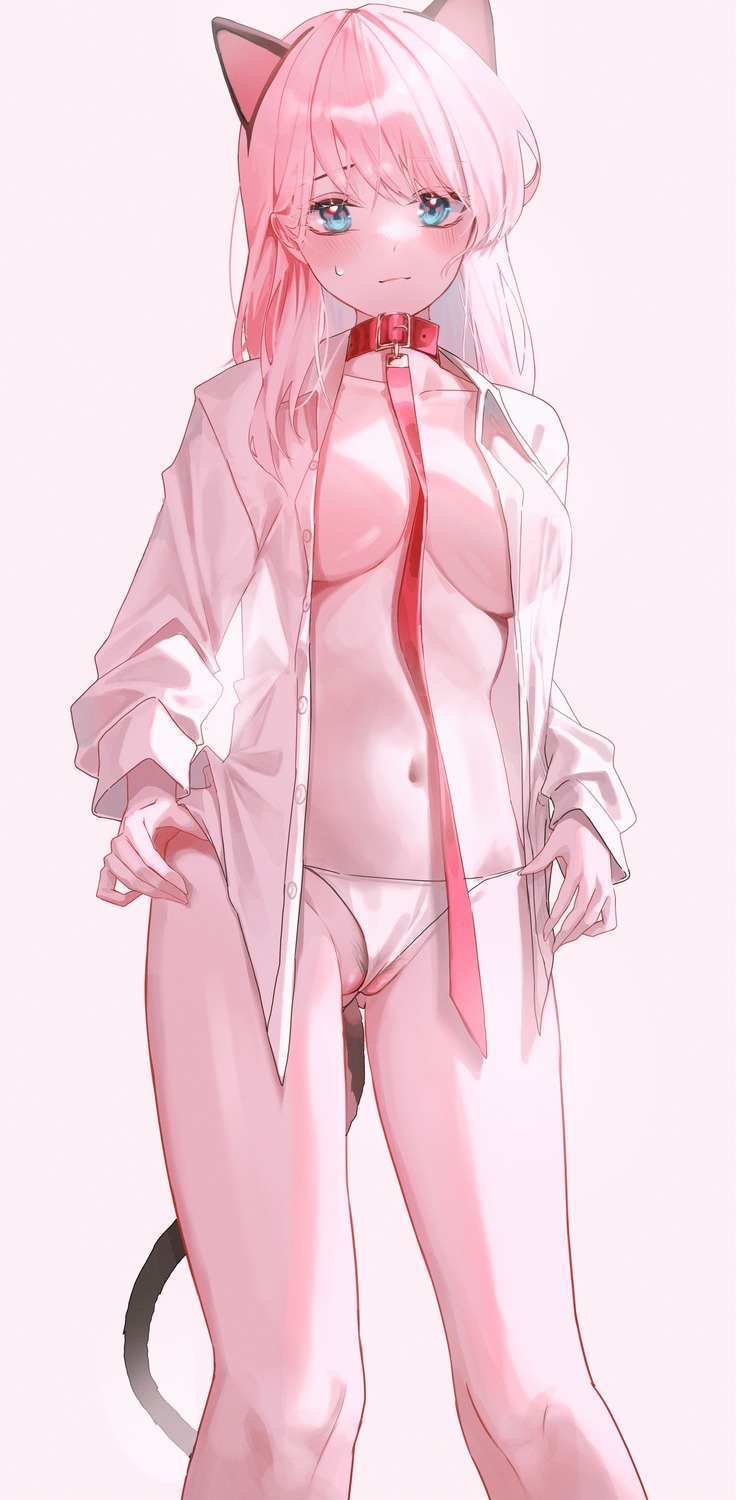 animal_ears domi_(hongsung0819) dress_shirt nekomimi no_bra open_shirt pantsu pubic_hair see_through tail thong