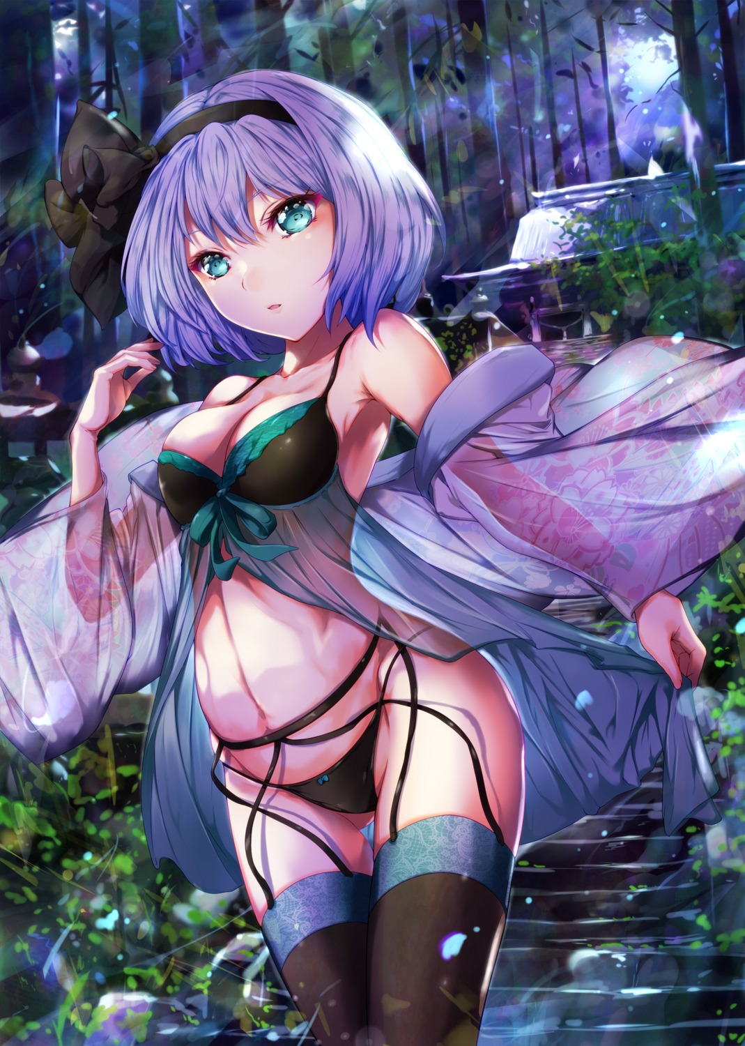 bra cleavage garter_belt konpaku_youmu lingerie mayonaka_taruho pantsu see_through stockings thighhighs touhou