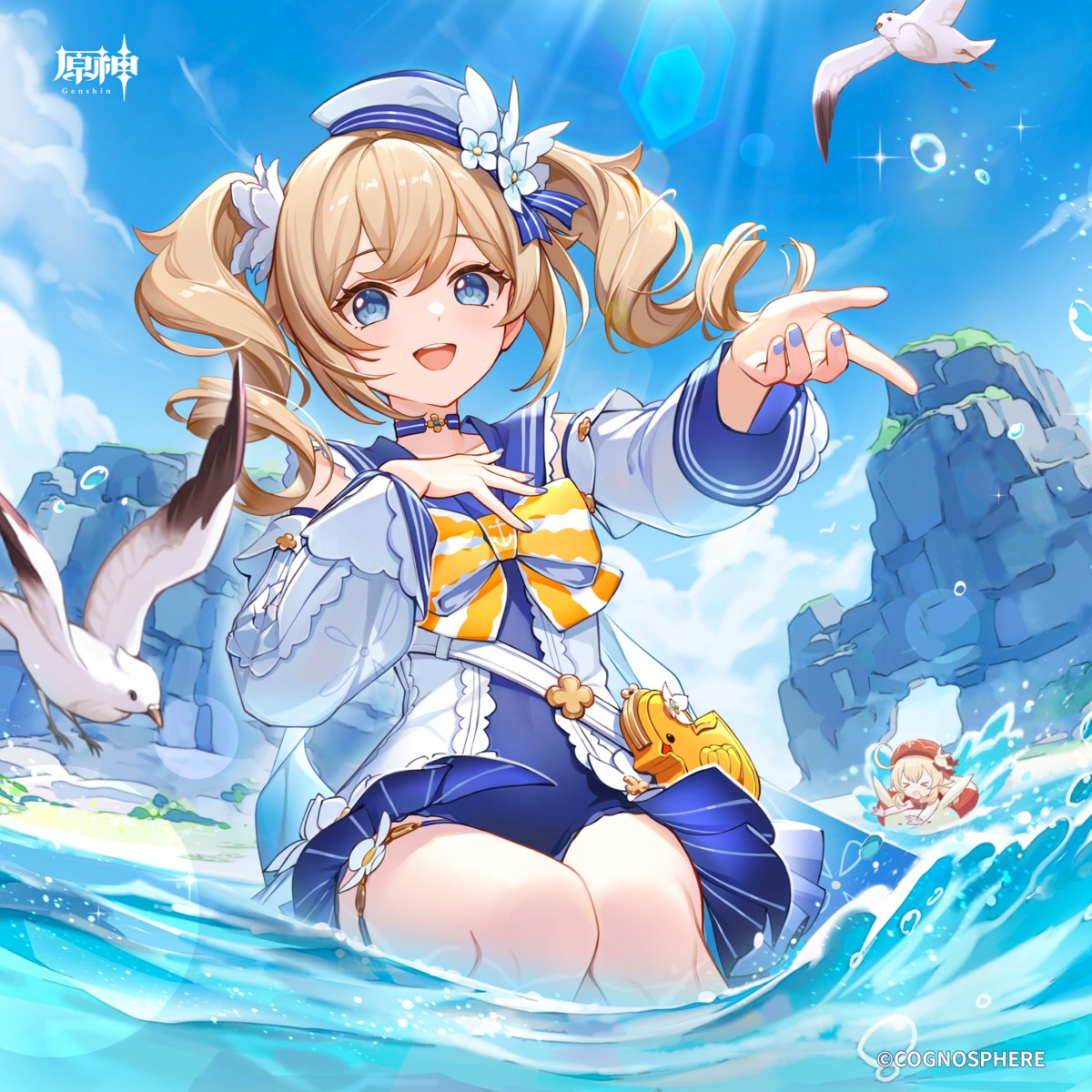 barbara_(genshin_impact) garter genshin_impact klee pointy_ears swimsuits tagme wet