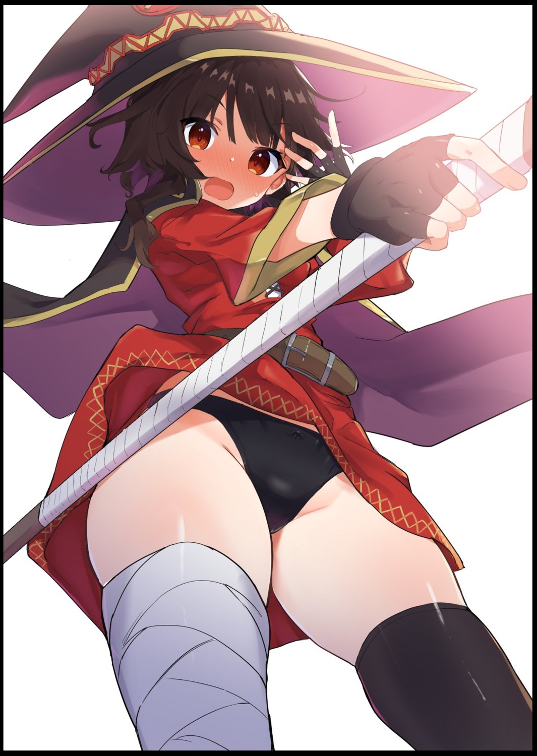 bandages caburi dress kono_subarashii_sekai_ni_shukufuku_wo! megumin pantsu skirt_lift thighhighs weapon witch