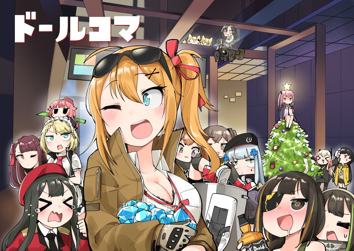 bra chibi christmas cleavage eyepatch g11_(girls_frontline) g36_(girls_frontline) g41_(girls_frontline) girls_frontline hk416_(girls_frontline) idw_(girls_frontline) junsuina_fujunbutsu kalina_(girls_frontline) m16a1_(girls_frontline) m4_sopmod_ii_(girls_frontline) m4a1_(girls_frontline) megane open_shirt st_ar-15_(girls_frontline) thighhighs ump45_(girls_frontline) ump9_(girls_frontline) uniform wa2000_(girls_frontline)