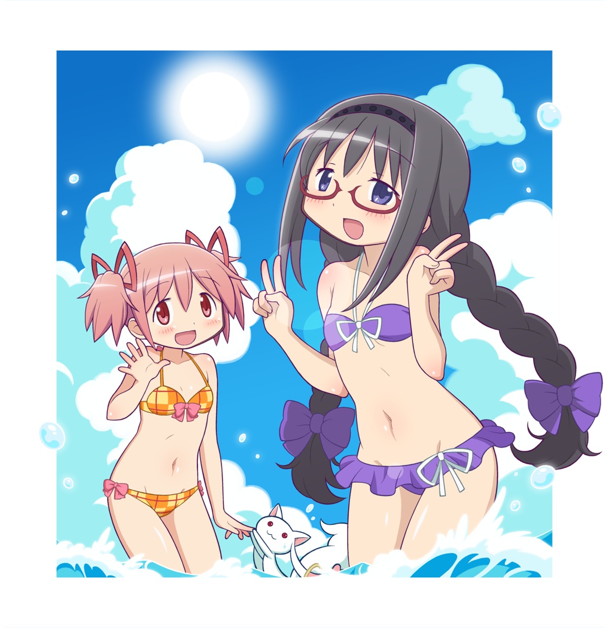 akemi_homura bikini gecchu kaname_madoka kyubey loli mahou_shoujo_madoka_magica megane neko swimsuits wet