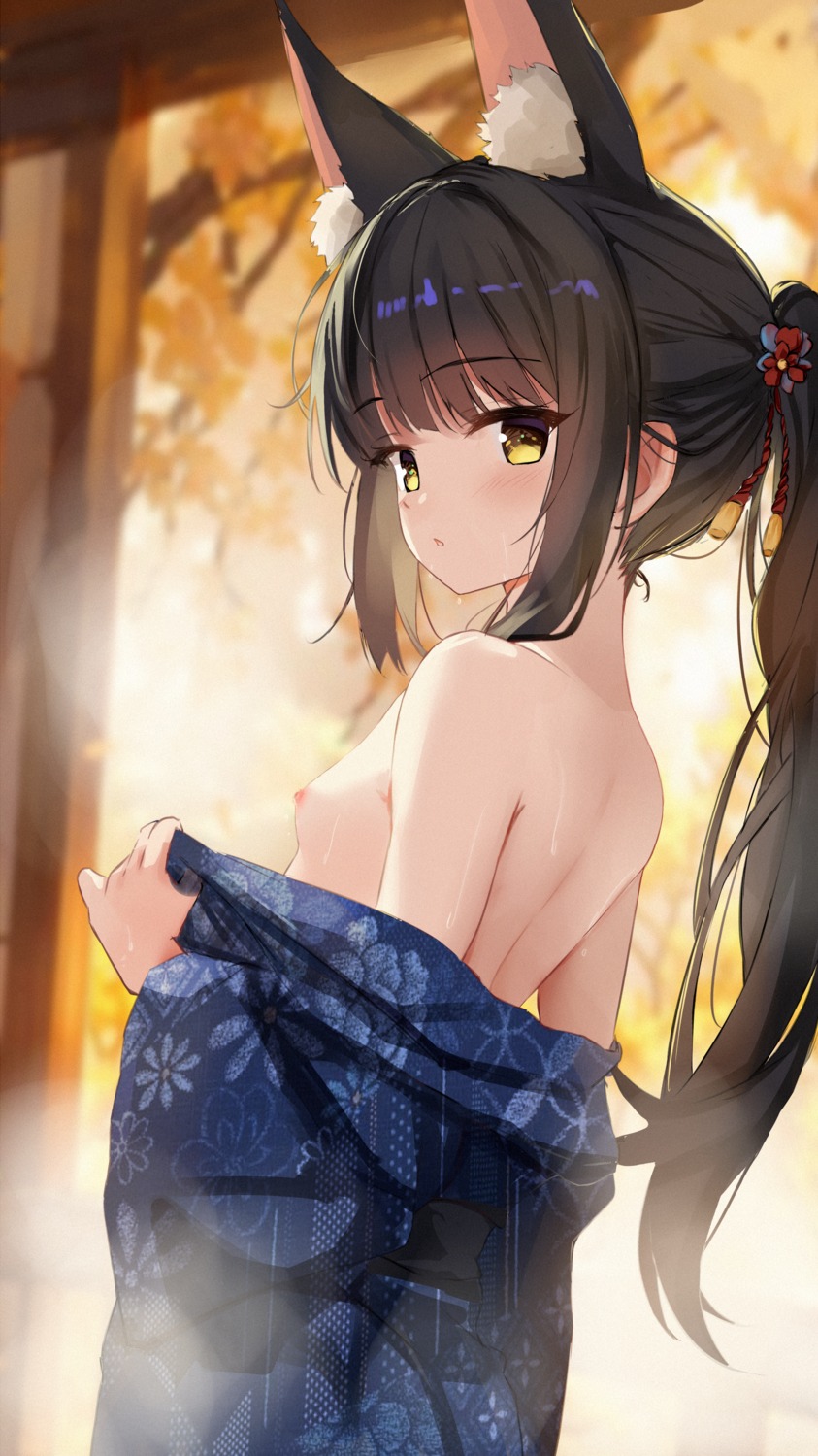 animal_ears azur_lane breasts hamiro loli nagato_(azur_lane) nipples no_bra open_shirt undressing yukata