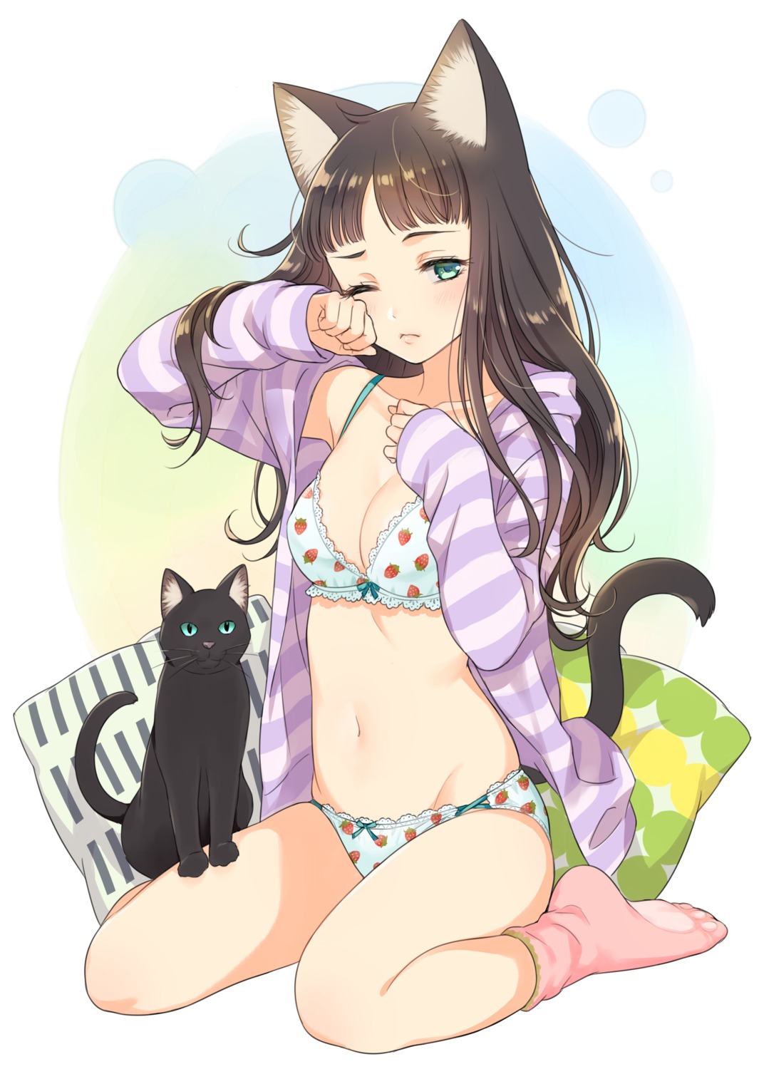 animal_ears bra morikura_en neko nekomimi open_shirt pajama pantsu tail