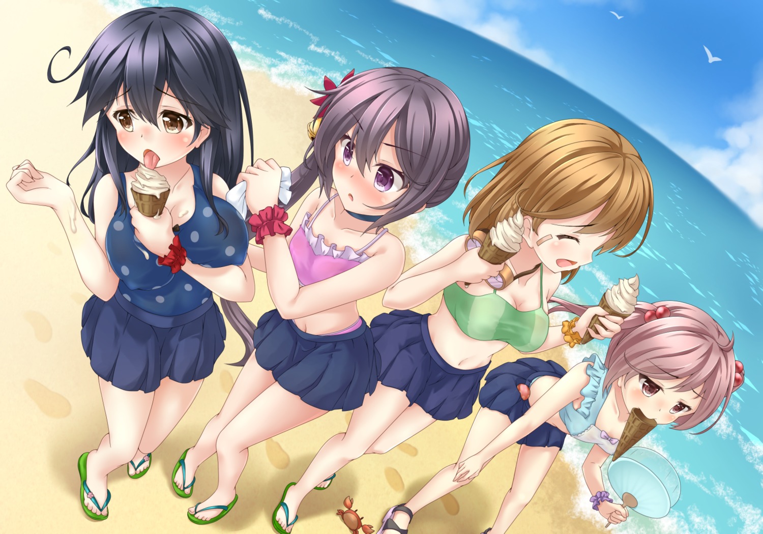 akebono_(kancolle) bikini cleavage cream erect_nipples kantai_collection oboro_(kancolle) sazanami_(kancolle) swimsuits ushio_(kancolle) utahane_w