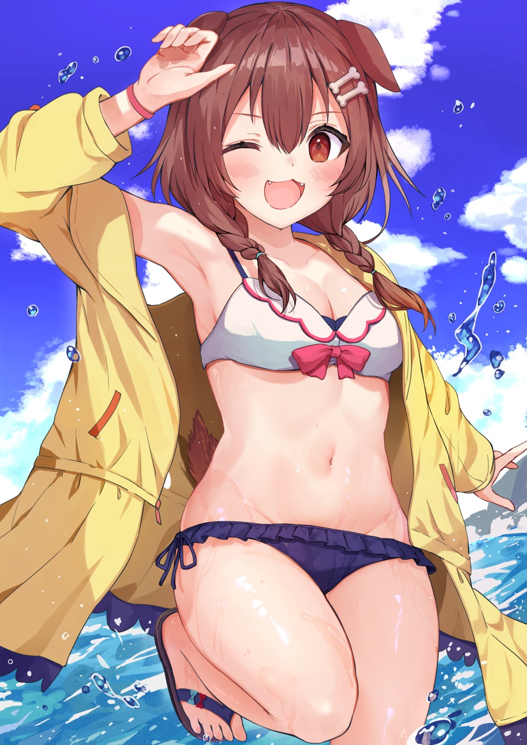 animal_ears bikini cleavage hololive hololive_gamers inugami_korone inumimi open_shirt racchi. swimsuits tail wet