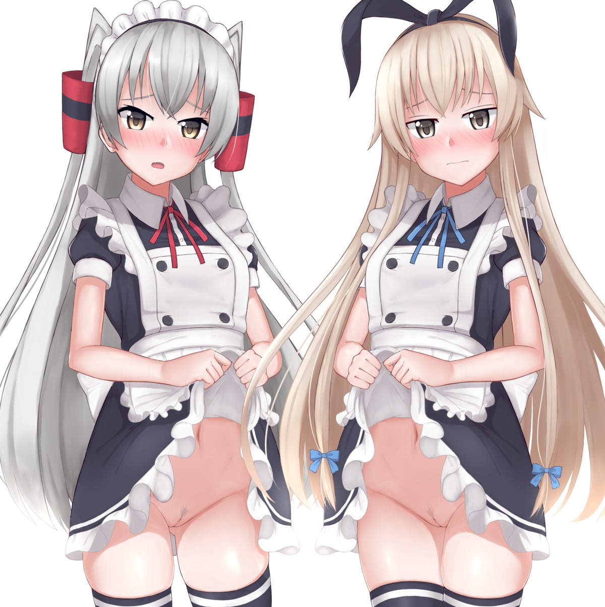 amatsukaze_(kancolle) kantai_collection maid nopan pubic_hair pussy shimakaze_(kancolle) skirt_lift thighhighs tiemu_(man190) uncensored