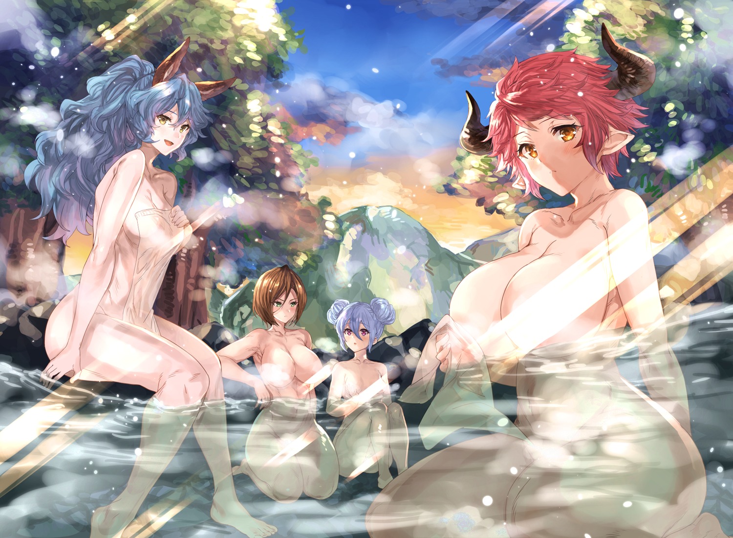 animal_ears areola bathing censored eno_yukimi granblue_fantasy horns naked onsen pointy_ears sturm_(granblue_fantasy) towel wet