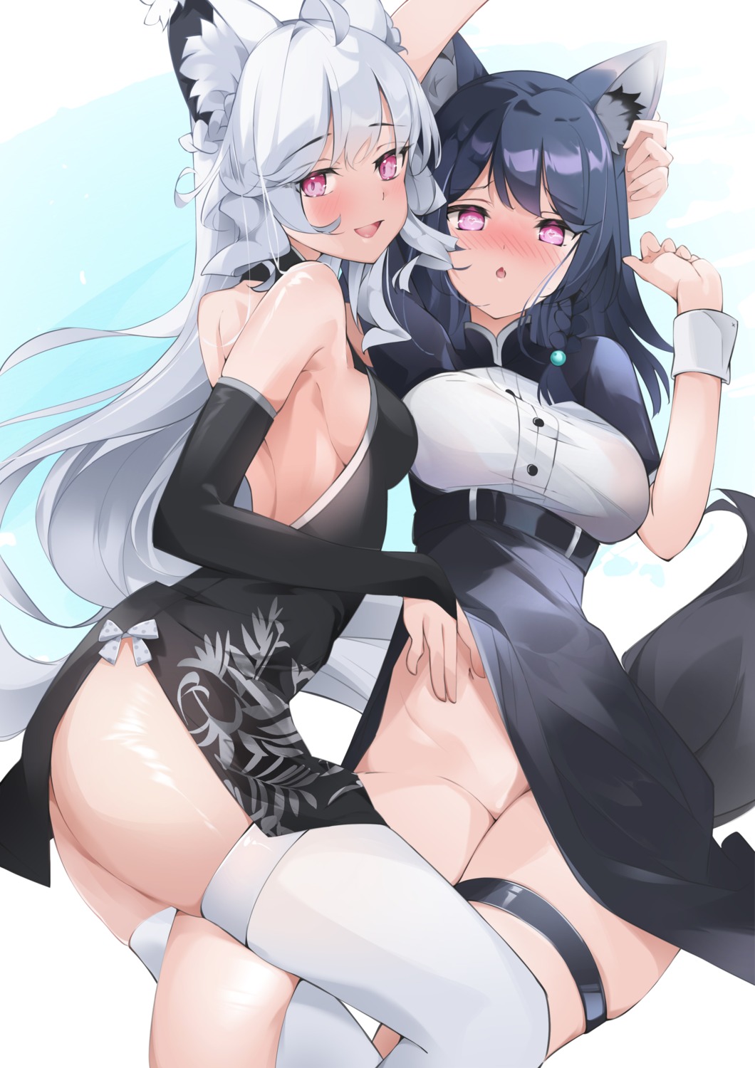 animal_ears ass chinadress garter no_bra nopan skirt_lift tail thighhighs yuri zelef