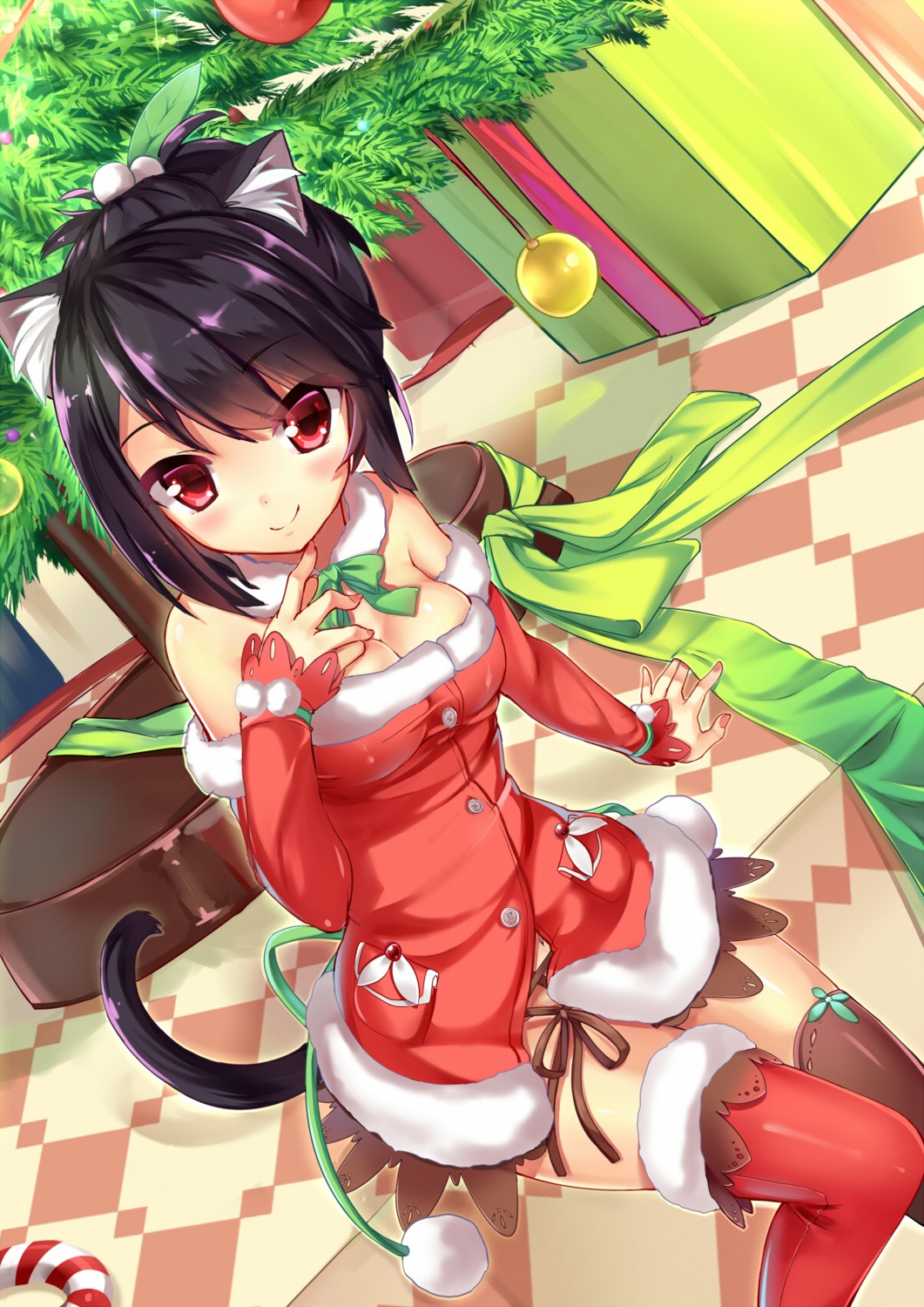 animal_ears christmas cleavage dress kaede_(yumesaki_kaede) nekomimi tail thighhighs