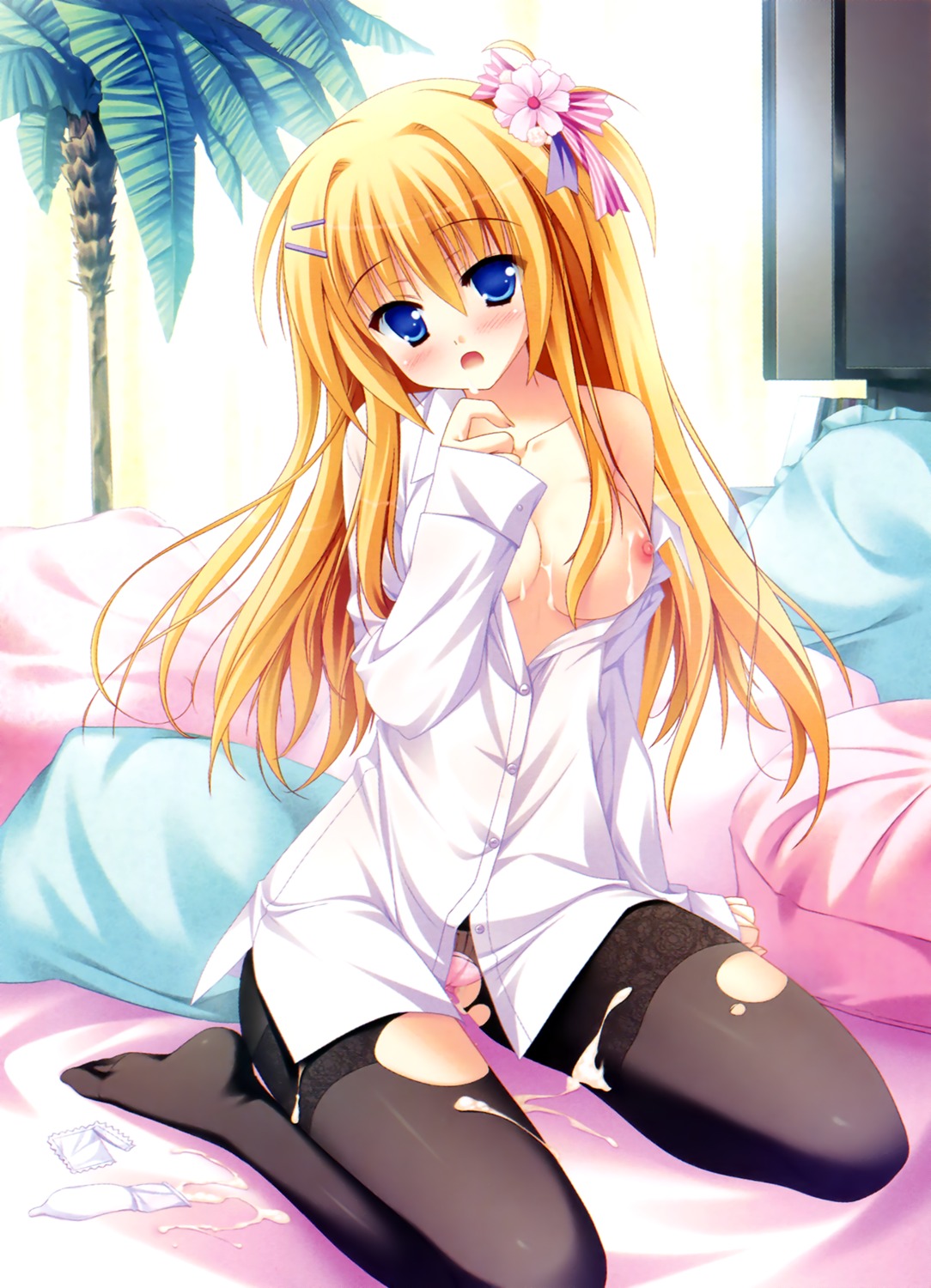 breasts cum diamic_days dress_shirt hatsushiba_kisa lump_of_sugar nipples open_shirt pantsu pantyhose sesena_yau torn_clothes