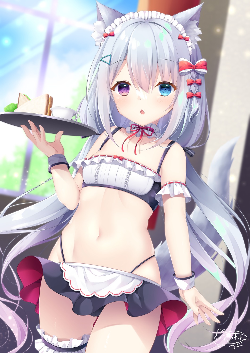 animal_ears bra garter heterochromia loli thong waitress yukimura_usagi