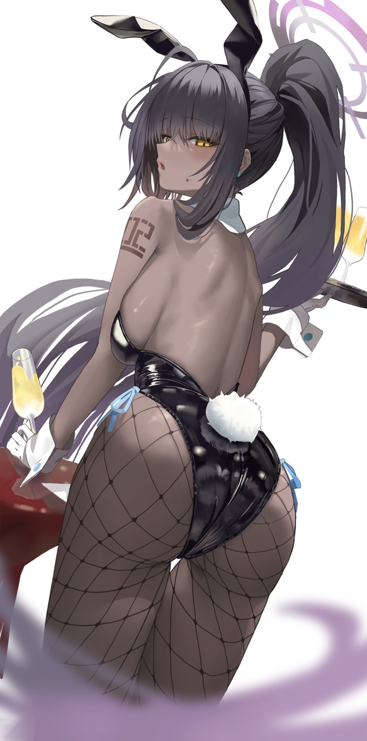 animal_ears ass blue_archive bunny_ears bunny_girl fishnets halo kakudate_karin no_bra pantyhose serie_niai tail tattoo