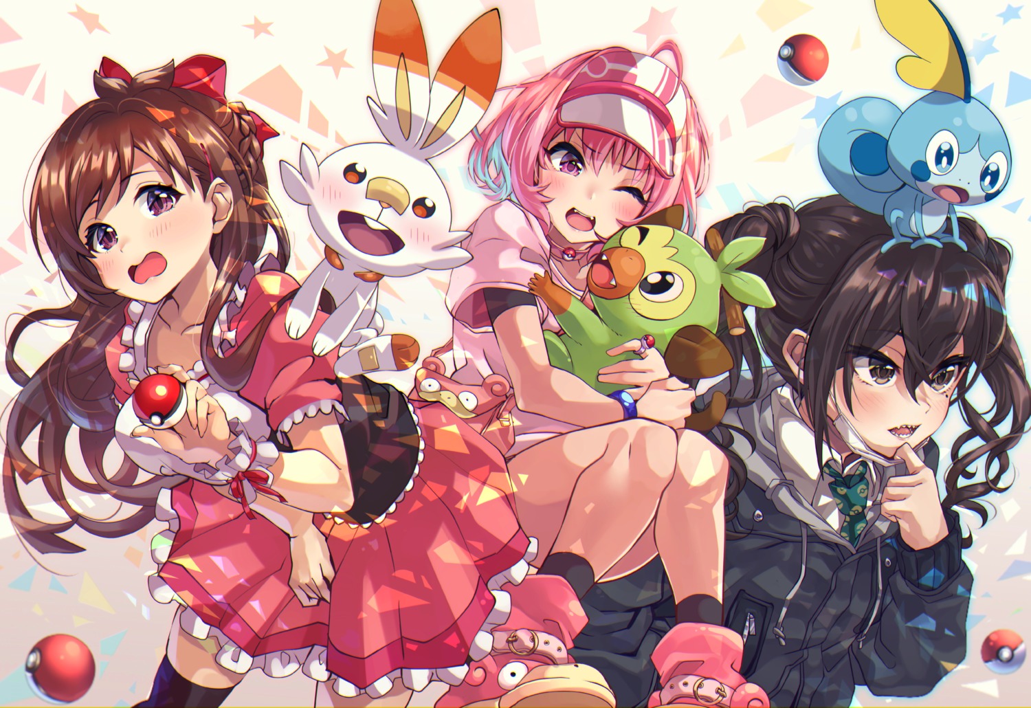 crossover grookey pokemon pokemon_swsh scorbunny seifuku shashaki sobble sunazuka_akira the_idolm@ster the_idolm@ster_cinderella_girls tsujino_akari yumemi_riamu