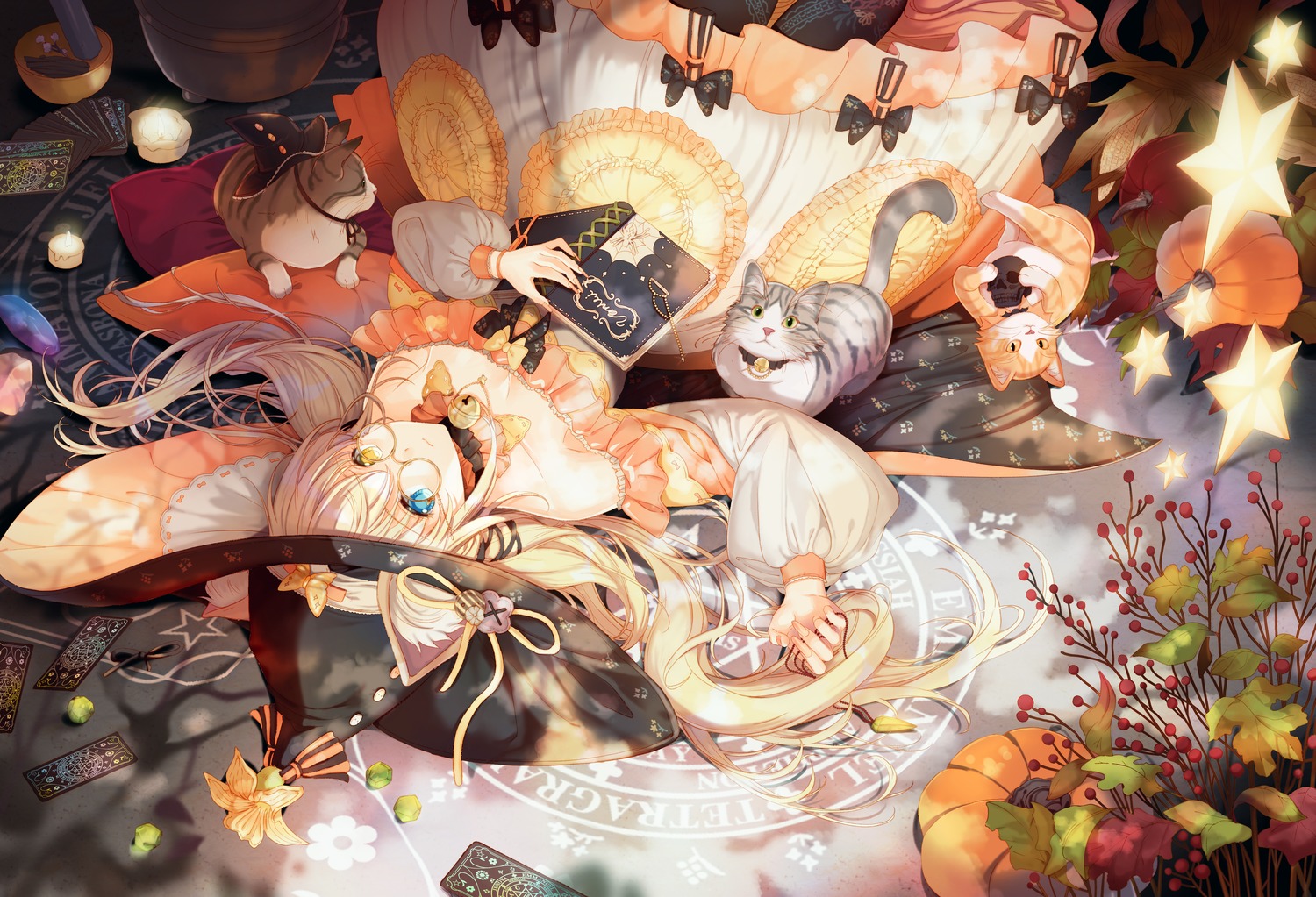 animal_ears cleavage heterochromia megane neko nekomimi no_bra rednian witch