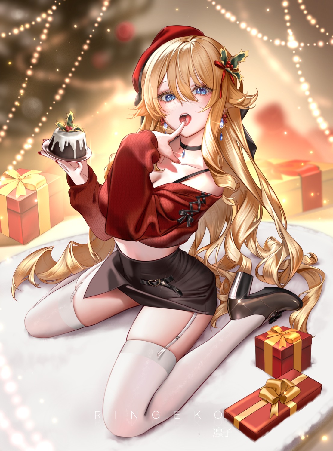 christmas cleavage genshin_impact heels navia ringeko-chan stockings sweater thighhighs