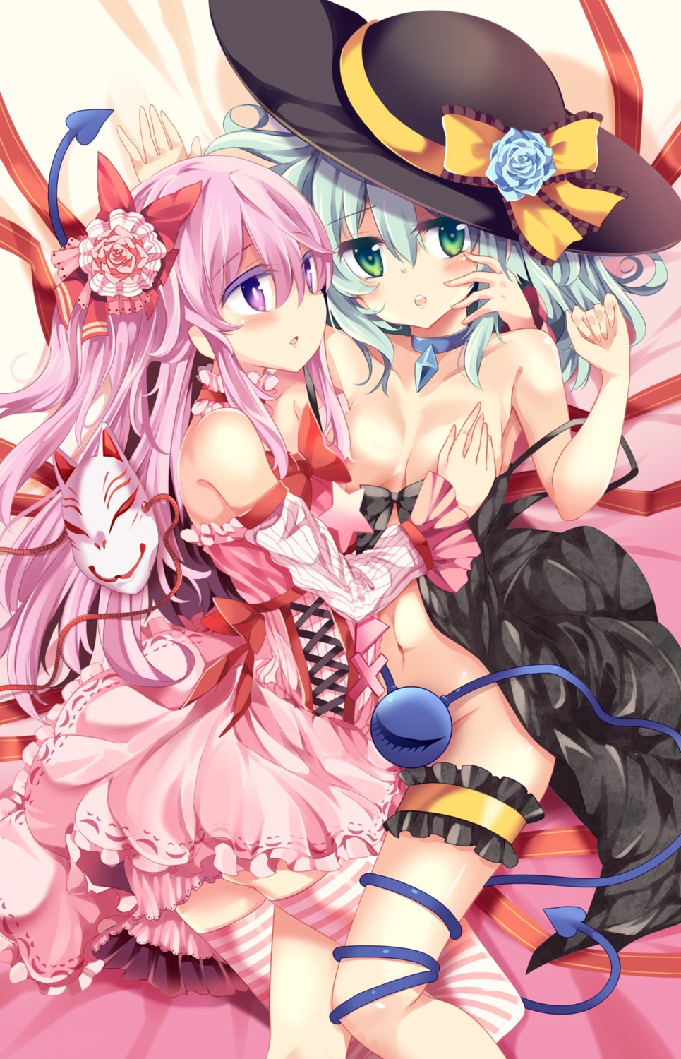 breast_hold breasts dress garter hata_no_kokoro komeiji_koishi matsuri_uta no_bra nopan open_shirt thighhighs touhou yuri