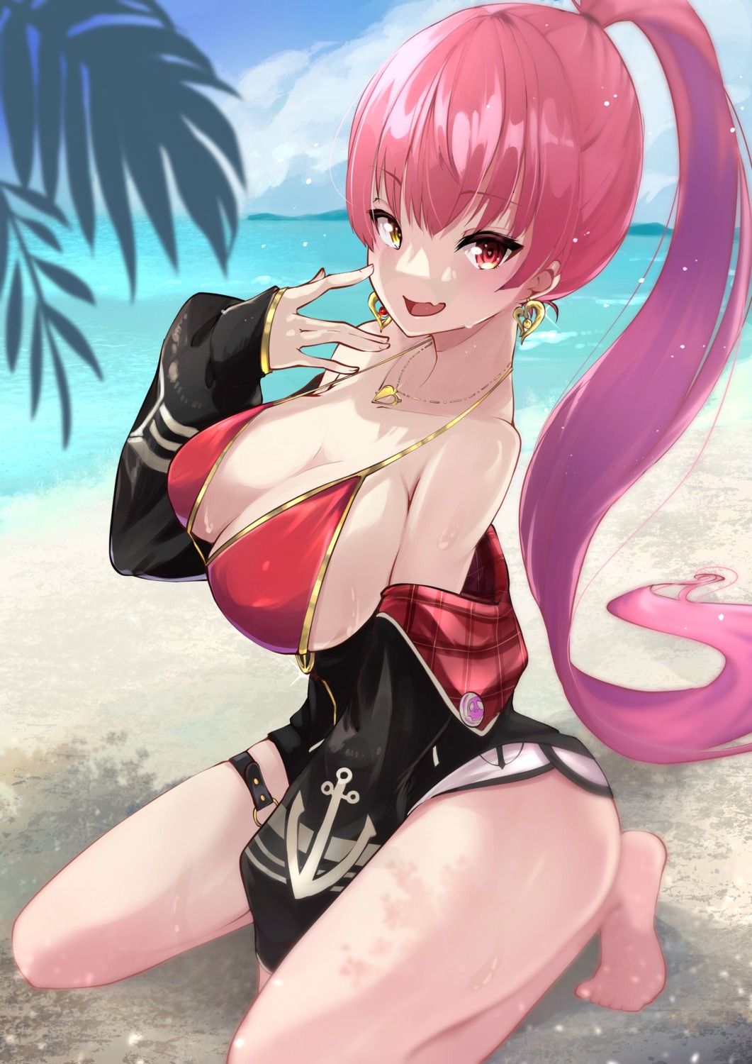 bikini_top cleavage feet garter heterochromia hololive houshou_marine open_shirt risumi swimsuits