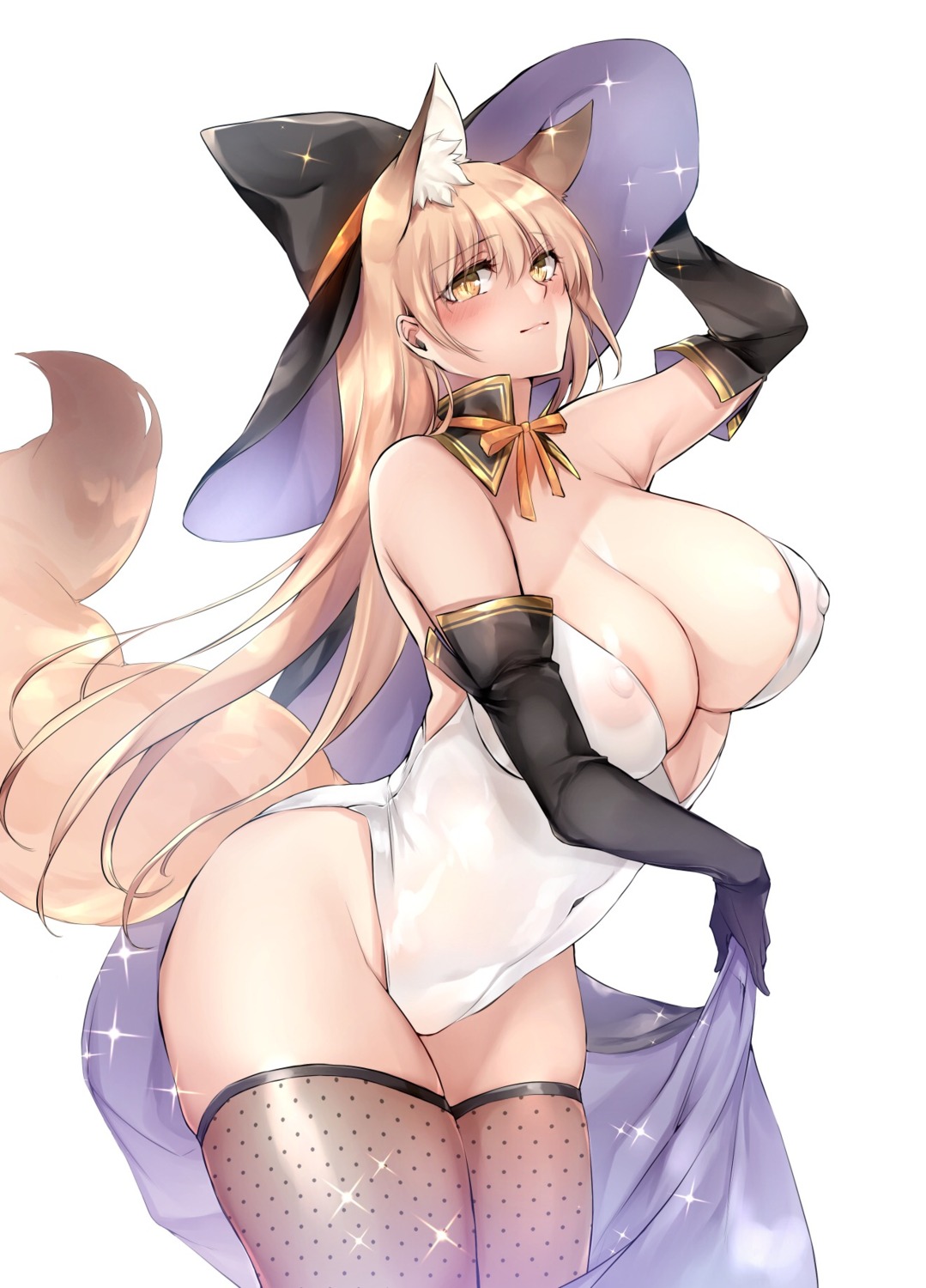 animal_ears areola erect_nipples halloween kitsune leotard no_bra see_through shizu-chan tail thighhighs witch yukibuster