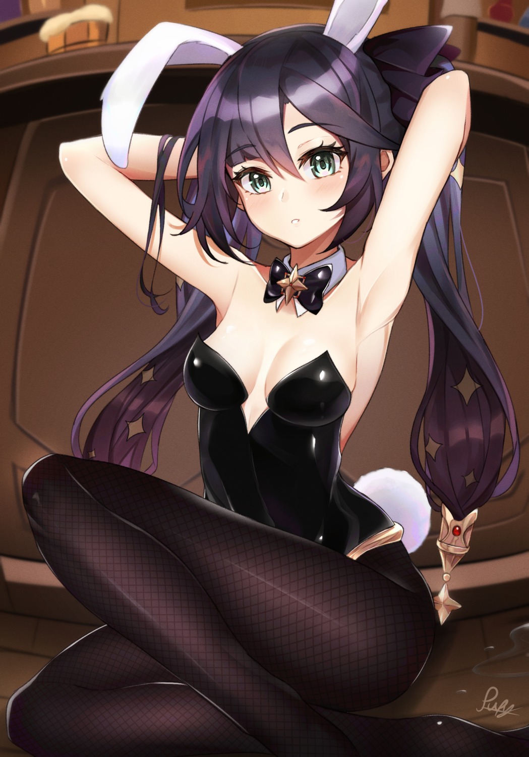 animal_ears bunny_ears bunny_girl fishnets genshin_impact mona_megistus no_bra pantyhose pupy_exe tail