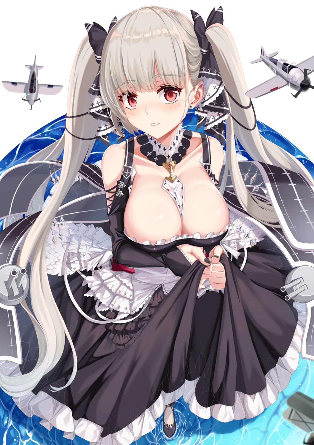 azur_lane breast_hold cleavage formidable_(azur_lane) gatari gothic_lolita lolita_fashion no_bra skirt_lift wet wet_clothes