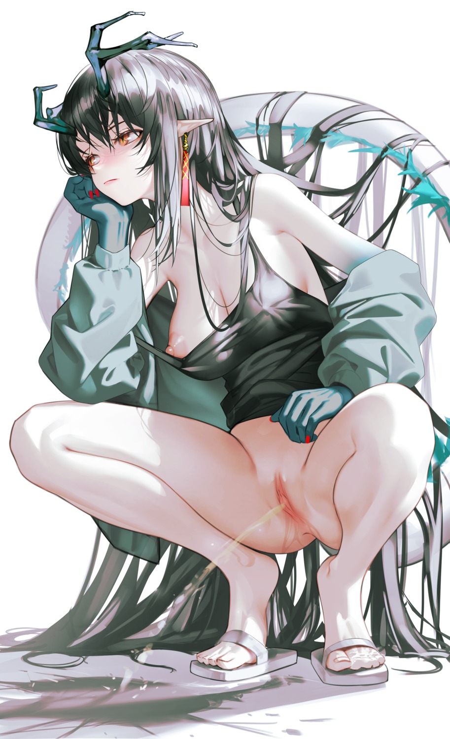 arknights bottomless dusk_(arknights) erect_nipples horns iumu nipples no_bra pee pointy_ears pussy tail uncensored
