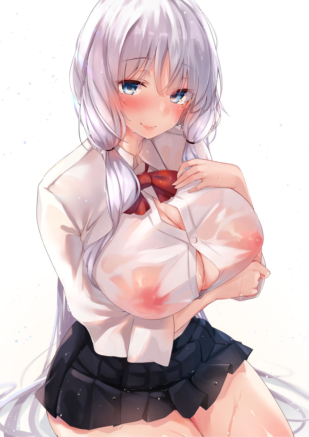 azur_lane breast_hold illustrious_(azur_lane) nipples no_bra see_through seifuku skirt_lift u_ronnta wet wet_clothes