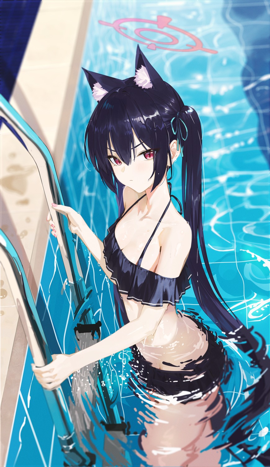 animal_ears bikini blue_archive fieryonion halo kuromi_serika nekomimi swimsuits wet