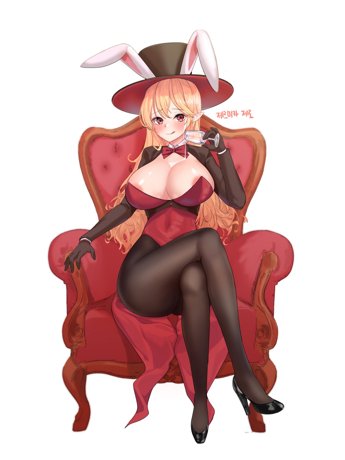 animal_ears areola bunny_ears bunny_girl heels lillly no_bra pantyhose pointy_ears wet